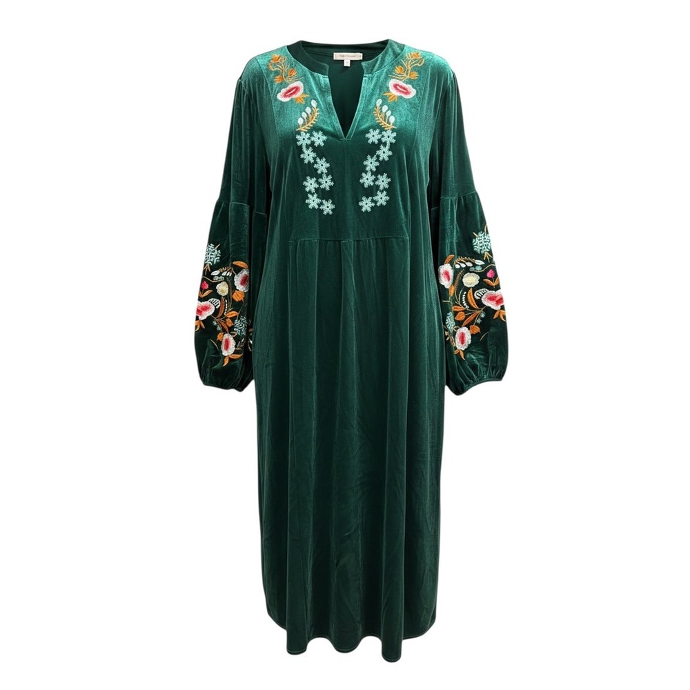 SHEIN CURVE Emerald Green Velvet Floral Embroidered Midi Dress 3XL
